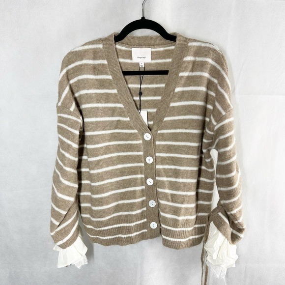 CINQ À SEPT Atlas Striped Wool Blend Cardigan Size Small Dark Oatmeal - Picture 2 of 12